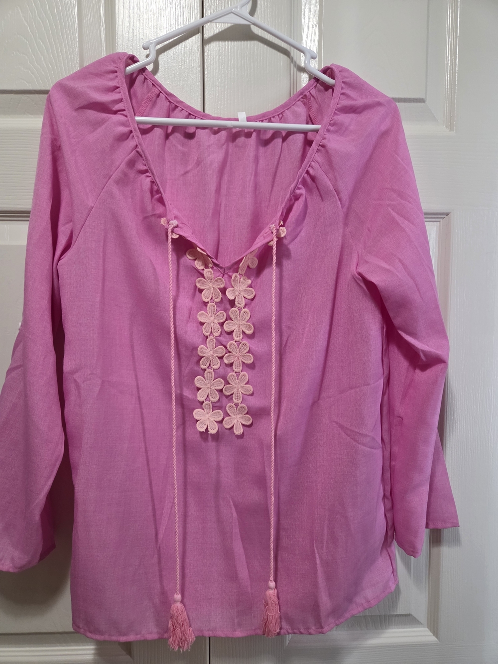 Women's Pink Floral Tie-Front Boho Top - Size L EUC